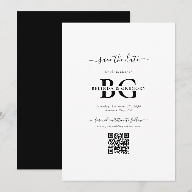 Elegante Schwarz-Weiß-Monogramm-Initialen Hochzeit Save The Date (Vorne/Hinten)