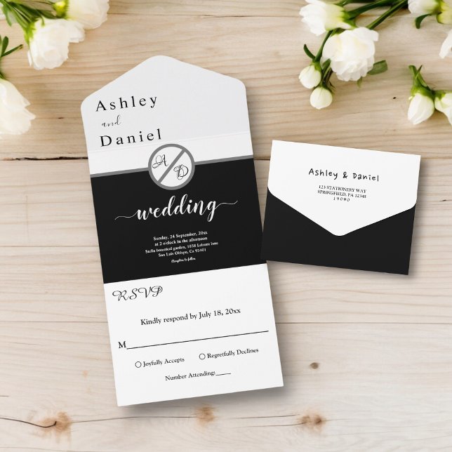 Elegante Schwarz-Weiß-Monogramm Moderne Hochzeit All In One Einladung (Von Creator hochgeladen)