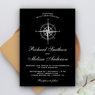 Elegante Schwarz-Weiß-Nautik-Kompass-Hochzeit Einladung