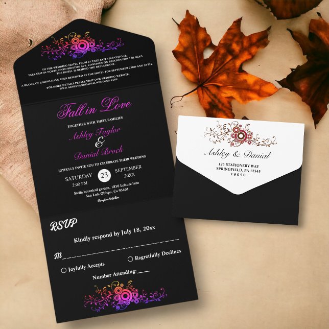 Elegante Schwarz-Weiß-Neon-Foliage-Hochzeit im Her All In One Einladung (Von Creator hochgeladen)