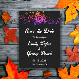 Elegante Schwarz-Weiß-Neon-Foliage-Hochzeit im Her Save The Date