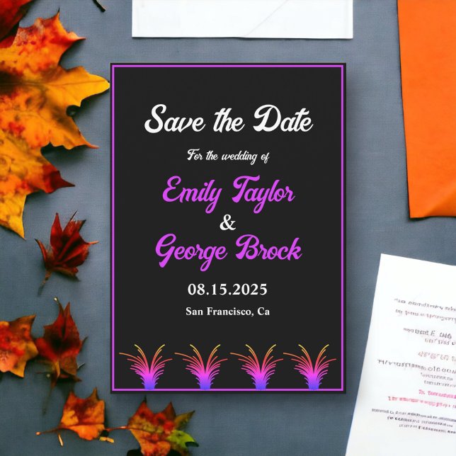 Elegante Schwarz-Weiß-Neongras-Hochzeit im Herbst Save The Date (Von Creator hochgeladen)