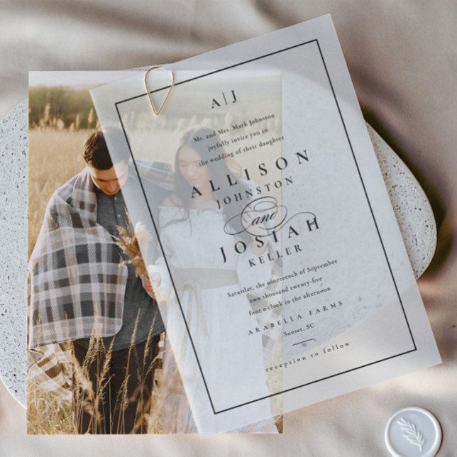Elegante Schwarz-Weiß-Overlay-Hochzeit (Elegant Wedding Monogram Classic Formal Vellum Wedding Invitations. Pair with your favorite photo.)