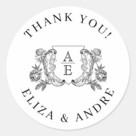 Elegante Schwarz-Weiß-Peony-Blumenhochzeit Runder Aufkleber