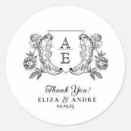 Elegante Schwarz-Weiß-Peony-Blumenhochzeit Runder Aufkleber