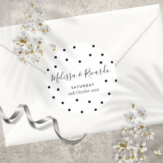 Elegante Schwarz-Weiß-Polka-Punkte Hochzeit Runder Aufkleber (Elegant Black and White Polka Dots Wedding Classic Round Sticker)