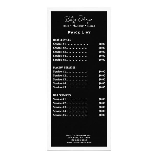 Elegante Schwarz-Weiß-Preisliste-Rackkarte Werbekarte (Vorne)