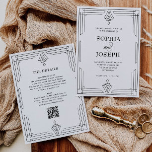 Elegante Schwarz-Weiß-QR-Code-Hochzeit Alles in Ei Einladung