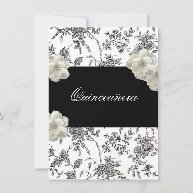 Elegante Schwarz & Weiß Quinceanera Einladung (Vorderseite)