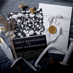 Elegante Schwarz-Weiß-Rosen-Hochzeit Einladung