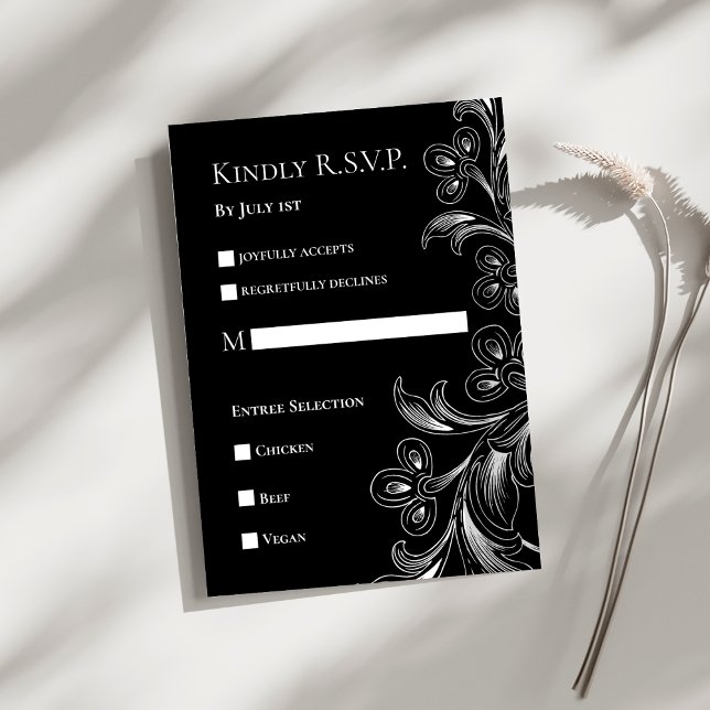 Elegante Schwarz-Weiß-RSVP-Karte RSVP Karte (Black and White Floral Elegant Wedding RSVP Response Card)