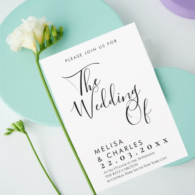 Elegante Schwarz-Weiß-Schrift-Kalligraphie Einladung (Trendy modern black script on white background wedding invitation)