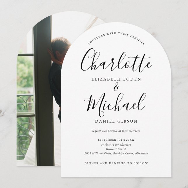Elegante Schwarz-Weiß-Script-Foto-Hochzeit Einladung (Vorne/Hinten)