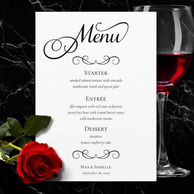Elegante Schwarz-Weiß-Script-Hochzeit Menükarte (chic elegant black and white script calligraphy wedding menu, rehearsal dinner, engagement party)