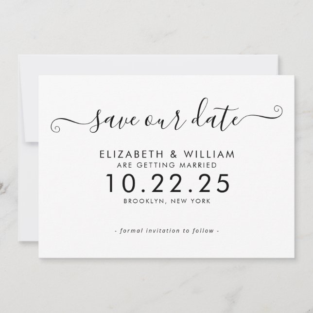 Elegante Schwarz-Weiß-Script-Hochzeit Save The Date (Vorderseite)