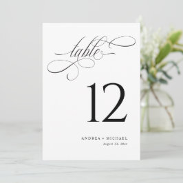 Elegante Schwarz-Weiß-Script-Hochzeiten-Tischnumme Einladung