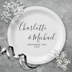 Elegante Schwarz-Weiß-Signatur-Schrift Hochzeit Pappteller