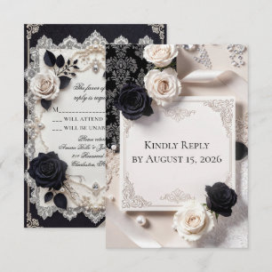 Elegante Schwarz-Weiß-Spitzen-Hochzeits-RSVP-Karte RSVP Karte