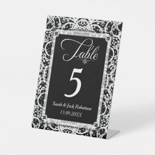 Elegante Schwarz-Weiß-Spitzen-Hochzeitstisch-Numme Sockelschild
