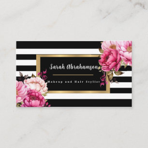 Elegante Schwarz-Weiß-Streifen, floral Visitenkarte