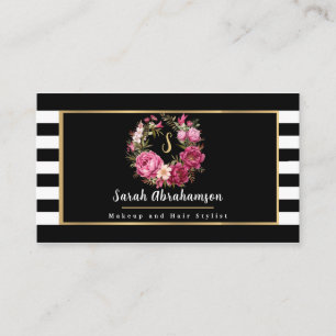 Elegante Schwarz-Weiß-Streifen, floral Visitenkarte