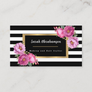 Elegante Schwarz-Weiß-Streifen, floral Visitenkarte