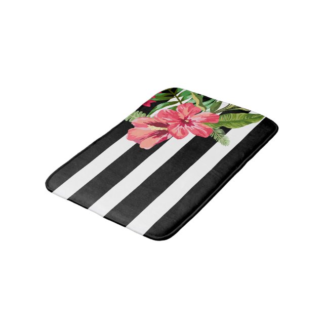 Elegante Schwarz-Weiß-Streifen mit Blume Badematte (Schrägansicht)