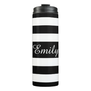 Elegante Schwarz-Weiß-Streifen Name Thermosbecher