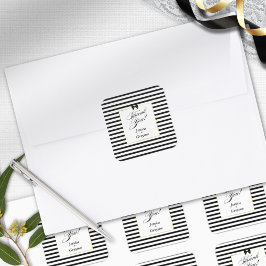 Elegante Schwarz-weiß Stripe-Goldrahmen-Hochzeit Quadratischer Aufkleber