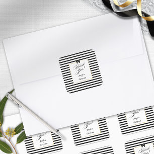 Elegante Schwarz-weiß Stripe-Goldrahmen-Hochzeit Quadratischer Aufkleber