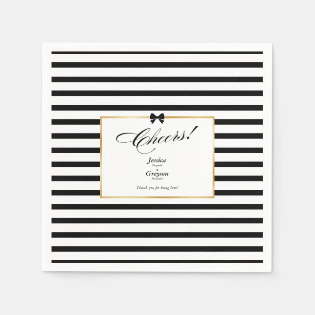 Elegante Schwarz-weiß Stripe-Goldrahmen-Hochzeit Serviette (Vorderseite)