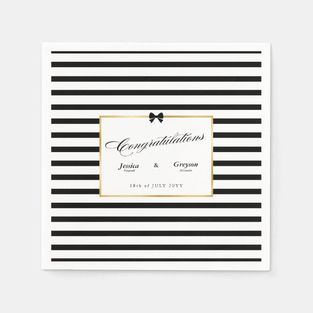 Elegante Schwarz-weiß Stripe-Goldrahmen-Hochzeit Serviette (Vorderseite)
