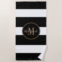 Elegante Schwarz-weiß Stripes Gold Monogramm Name