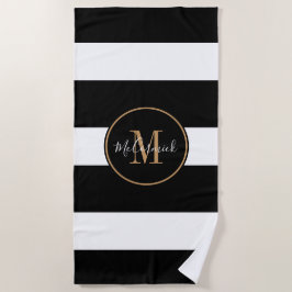 Elegante Schwarz-weiß Stripes Gold Monogramm Name Strandtuch