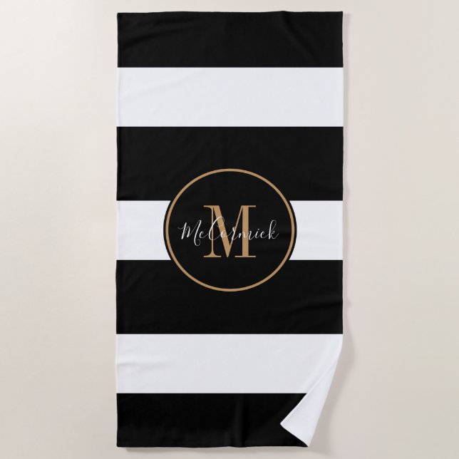 Elegante Schwarz-weiß Stripes Gold Monogramm Name Strandtuch (Vorderseite)