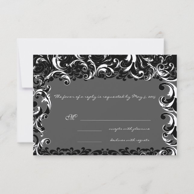 Elegante Schwarz-Weiß-Swirl-Hochzeit RSVP Karte (Rückseite)