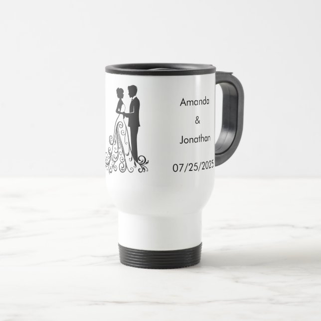 Elegante Schwarz-Weiß-Tasse Save the Date Hochzeit Reisebecher (VorderseiteRechts)