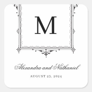 Elegante Schwarz-Weiß-Vintage Monogramm-Hochzeit Quadratischer Aufkleber
