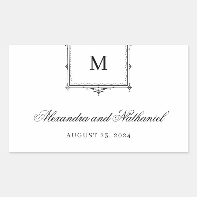 Elegante Schwarz-Weiß-Vintage Monogramm-Hochzeit Rechteckiger Aufkleber (Vorderseite)