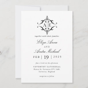 Elegante Schwarz-Weiß-Wappen-Monogramm-Hochzeit Einladung