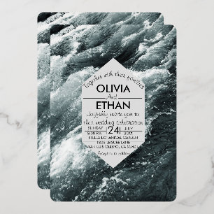 Elegante Schwarz-Weiß-Waves Hochzeit im Ozean Folieneinladung