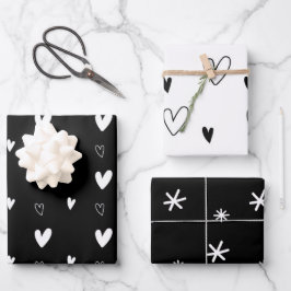 Elegante Schwarz & Weiß Weihnachtsherzen Schneeflo Geschenkpapier Set