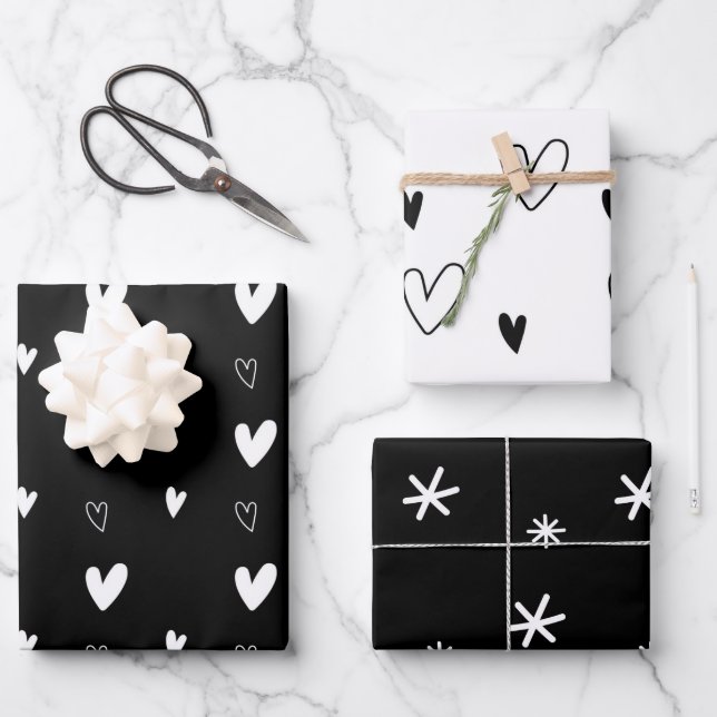 Elegante Schwarz & Weiß Weihnachtsherzen Schneeflo Geschenkpapier Set (Vorderseite)