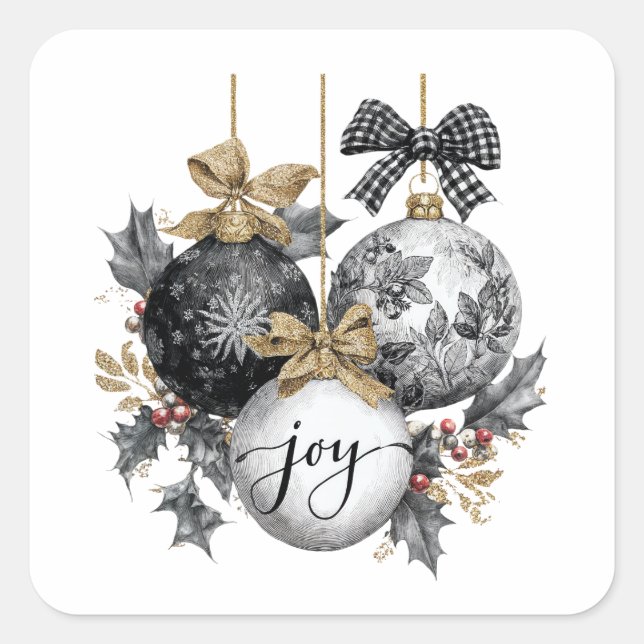 Elegante Schwarz-Weiß-WeihnachtsschmuckSticker Quadratischer Aufkleber (Vorderseite)