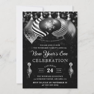 Elegante Schwarz-Weiß-Winterkugeln Neujahr Einladung