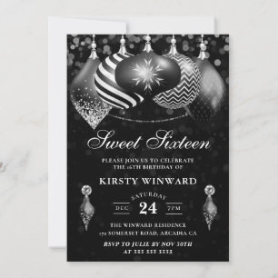 Elegante Schwarz-Weiß-Winterkugeln Sweet 16 Einladung