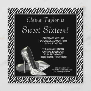 Elegante Schwarz-Weiß-Zebra-Sweet-Sixteen-Party Einladung