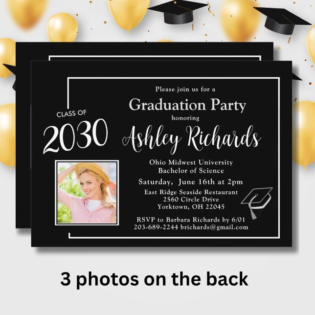 Elegante Schwarz-weiße 4-Foto-Graduierungspartei Einladung (Von Creator hochgeladen)