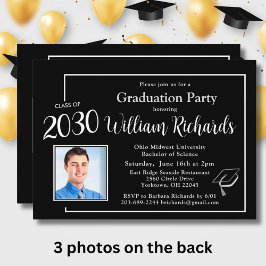Elegante Schwarz-weiße 4-Foto-Graduierungspartei Einladung