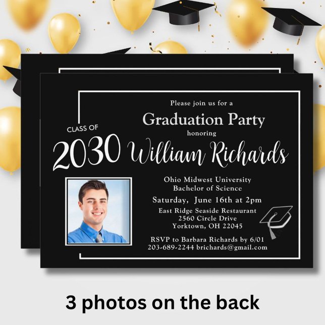 Elegante Schwarz-weiße 4-Foto-Graduierungspartei Einladung (Von Creator hochgeladen)